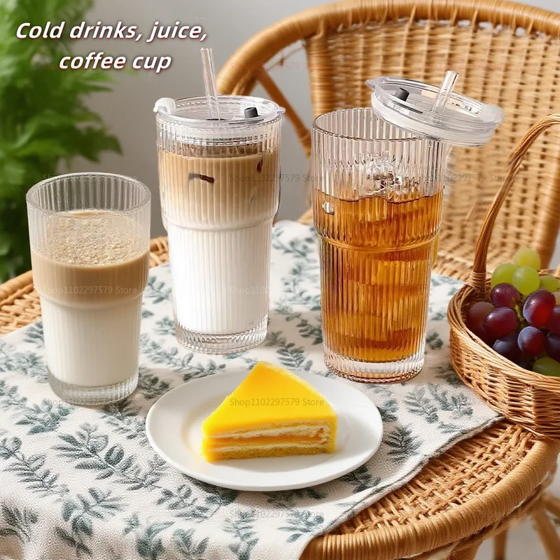 High Capacity Glass Water Cup with Lid and Straw Vertical Pattern Autumn Iced Coffee Latte Drink Glass Large Cold Beverages