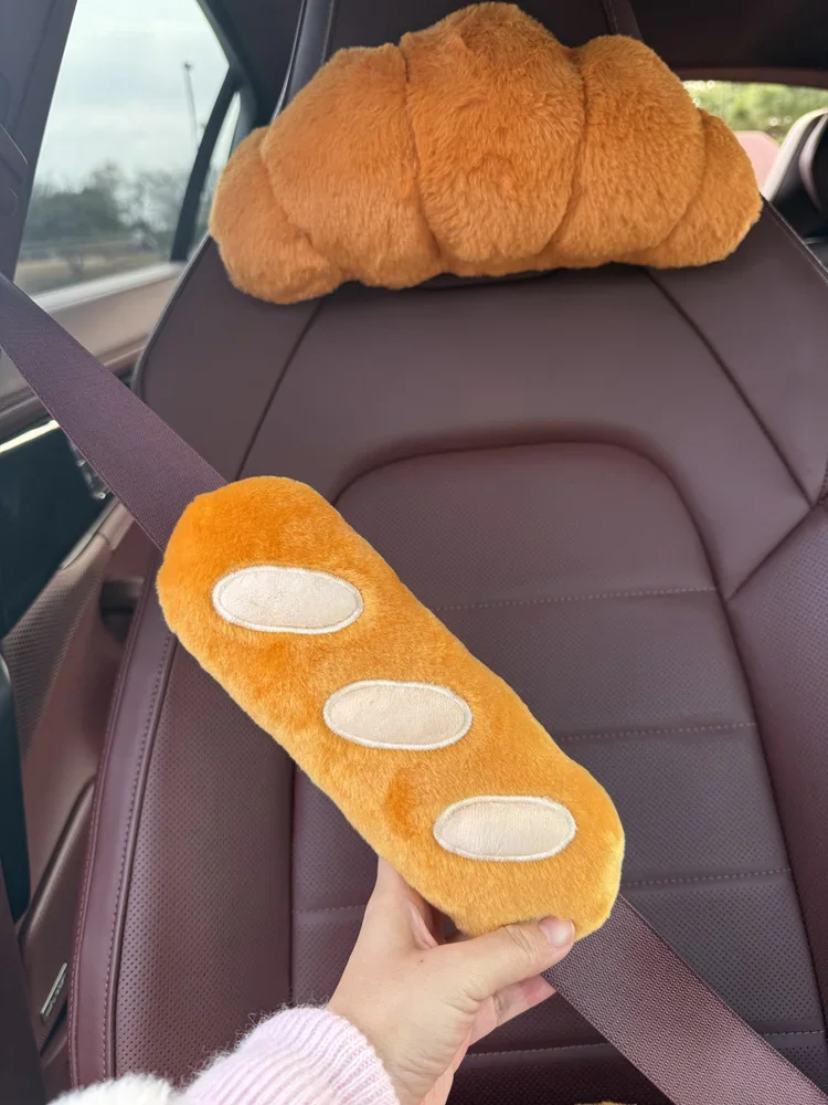 Niedliches Croissant-Autokopfstützenkissen, Plüsch-Brot-Sicherheitsgurtbezug, Auto-Kopfstützenpolster, Auto-Innendekor-Accessoires – Detail 5