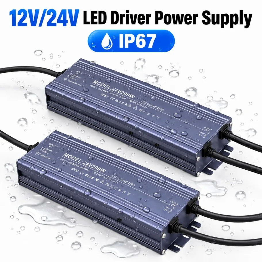 15W-500W IP67 Waterproof LED Driver Power Supply AC100-240V To DC12V 24V LED Transformer Adapter for LED Light Outdoor Lighting