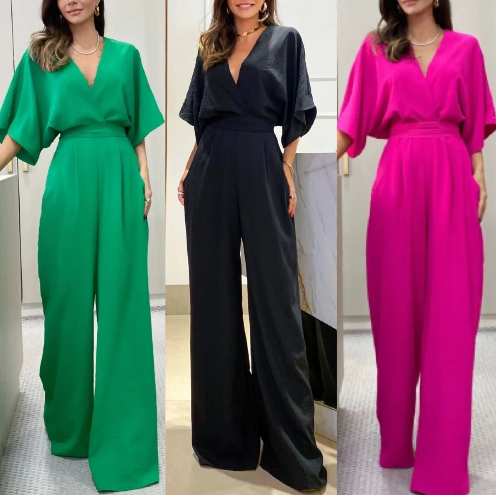 

Jumpsuits Women V Neck Batwing Sleeve Elegant Loose Solid Backless Rompers Mid Waist Trousers Office Lady Overalls Playsuits