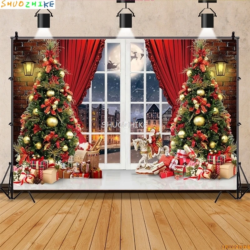 SHUOZHIKE شجرة عيد الميلاد نافذة إكليل التصوير خلفية غرفة المعيشة الديكور ثلج السنة الجديدة خلفية الدعامة GHH-83