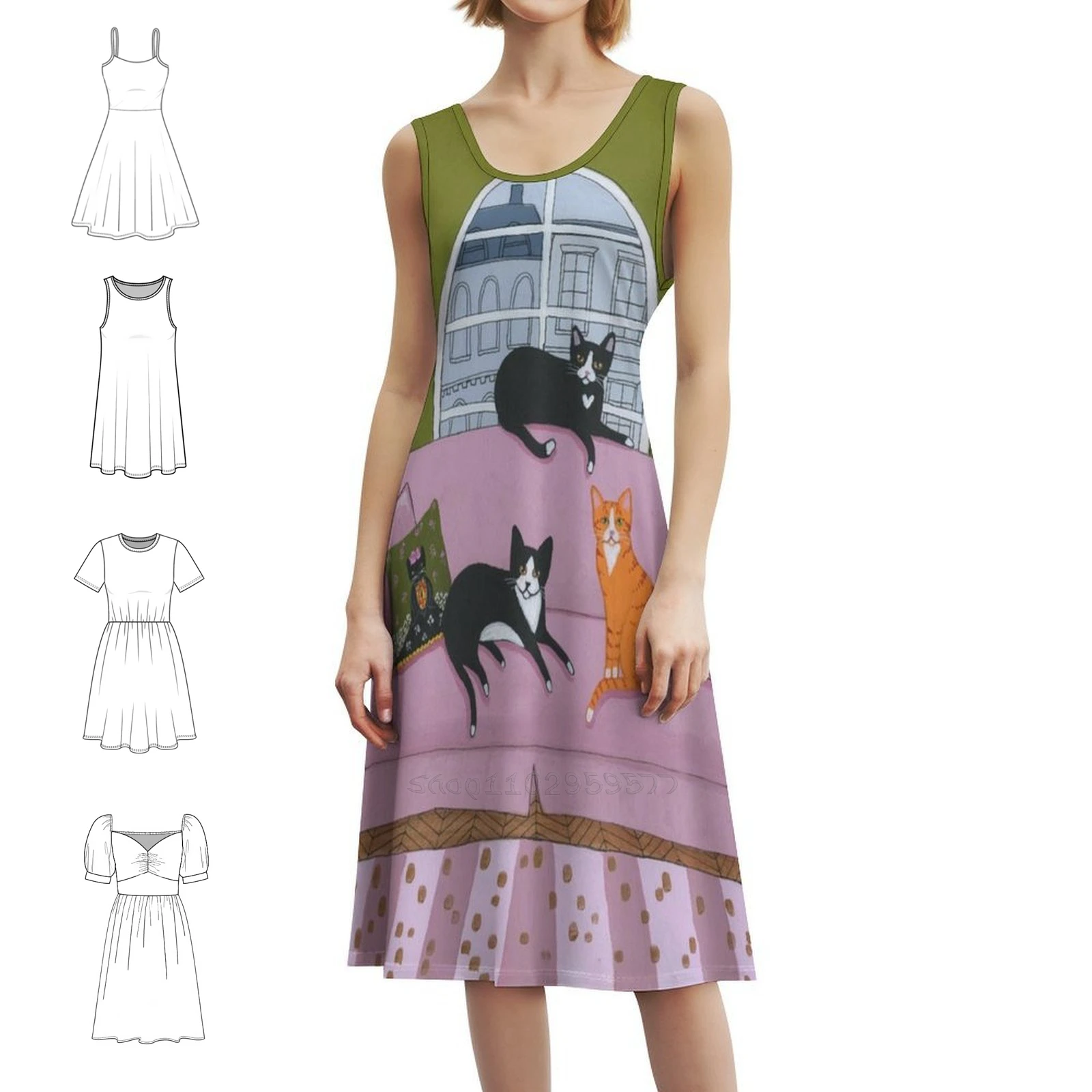 

Розовый диван с кошками, женское элегантное праздничное платье, платье трапециевидной формы с короткими/длинными/без рукавов, розовый диван с котом, диван, кошки на диване