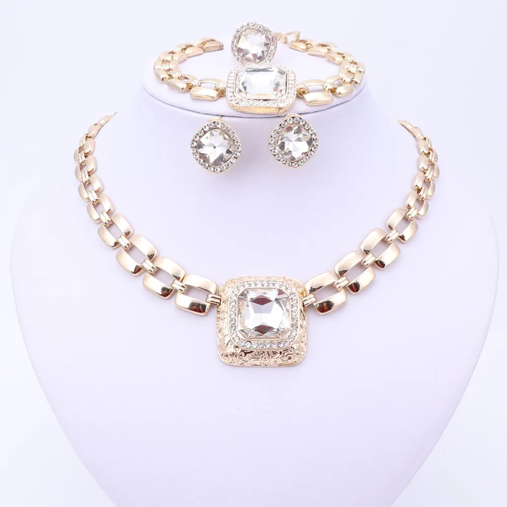 African Beads Jewelry Sets For Women Dress Accessories Gold Color Crystal Wedding Bridal Necklace Earrings Bracelet Ring Sets