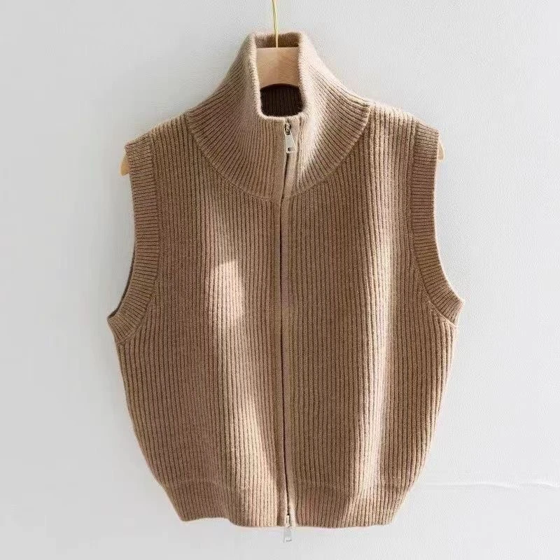 Slimming Knitted Vest High Collar Double Zipper Comfortable Simple Early Autumn New Style Versatile Base Shirt Tank Top