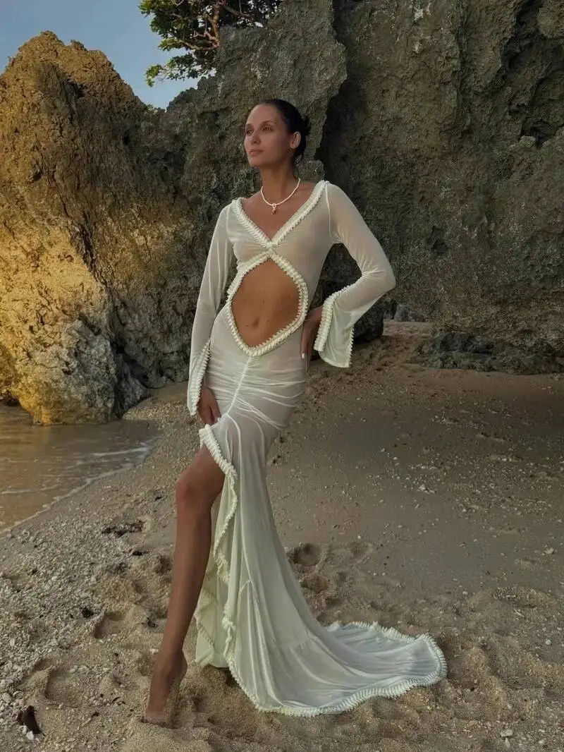 Sexy Sheer Women Dress Elegant Hollow V-Neck Splits Long Sleeves Ruffles Lace Ruched Bodycon Beach Vacation Clubwear 8RHS