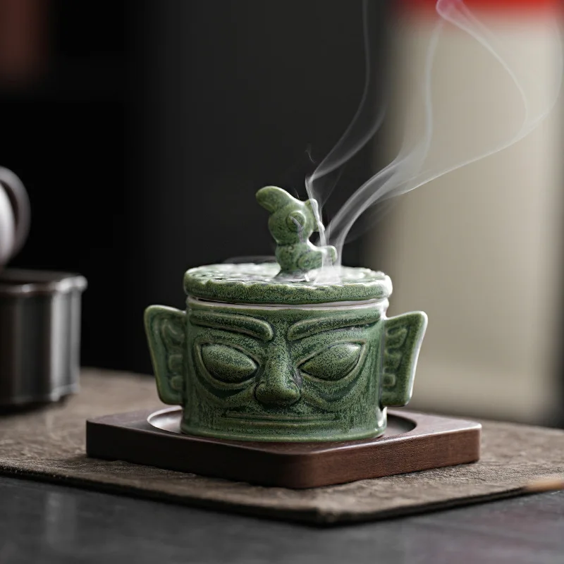 Sanxingdui Style Retro Ceramic Cultural Creative Incense Burner Figurine Set Vertical Eye Mask Divine Official Insence Holder