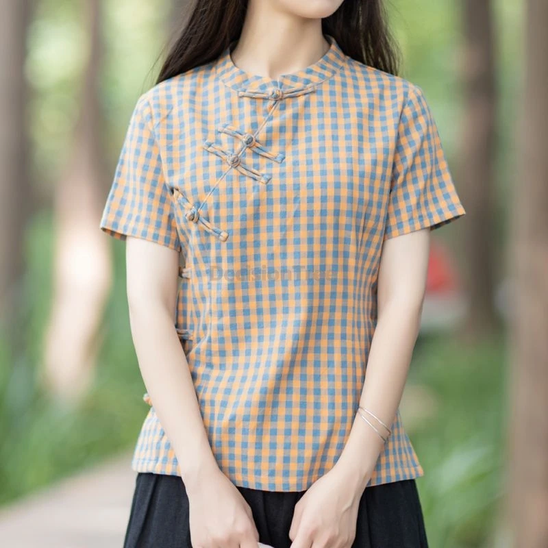 

Литература 2022, художественный темперамент, клетчатый топ из чистого хлопка, винтажный топ Ципао с диагональной пряжкой в китайском стиле, повседневная универсальная блузка