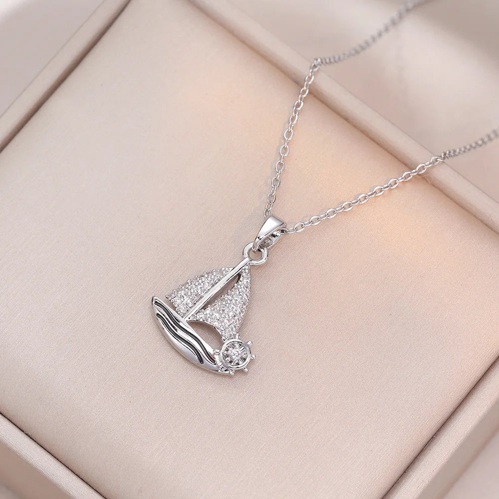 Fashion Simple Sailboat Zircon Pendant Necklaces for Women Girls Stainless Steel Jewelry Accessories Gifts for Lover