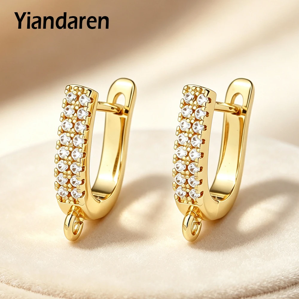 New Double Clear Zircon Earring Hooks Clasp Women Handmade DIY Jewelry Accessories Brass 18K Gold Smooth Earwire Fasteners