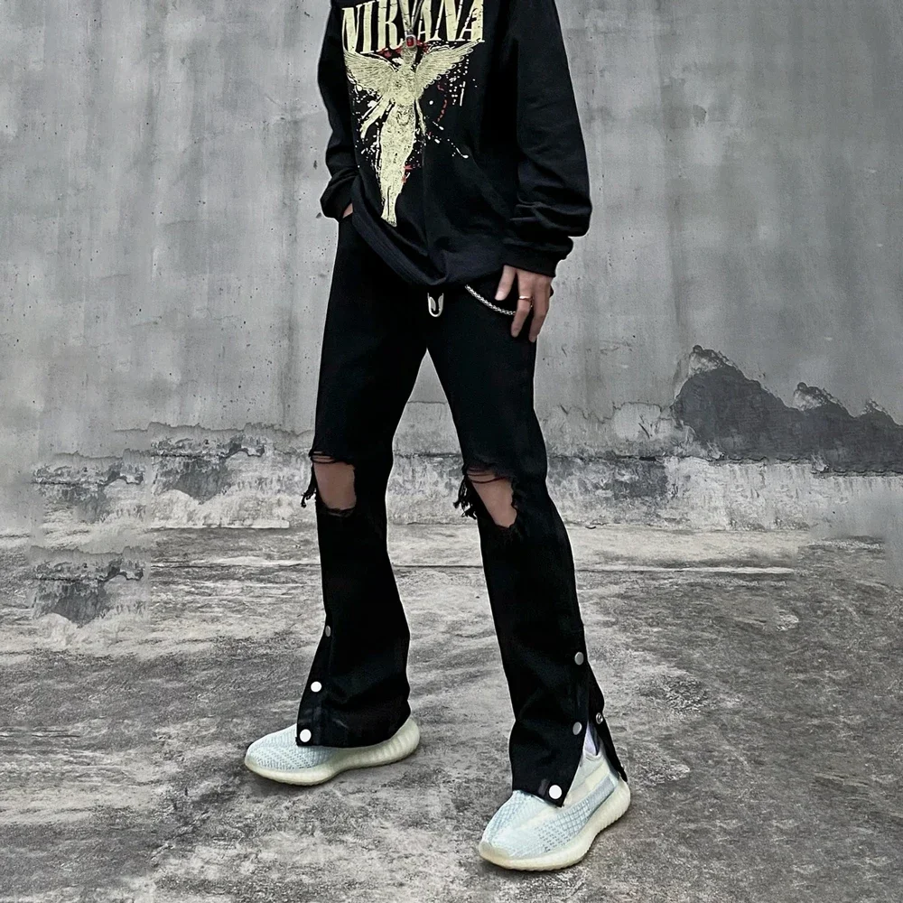 

Ripped Jeans Men Streetwear Black Hole Denim Pants Vintage Young Original Fashion 2024 New Summer Street Casual Trousers Male