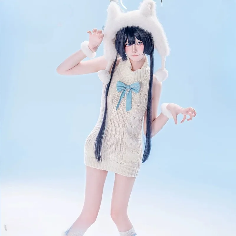 Game Ryuge Kisaki Cosplay Costume White Backless Knit Sweater Fuzzy Hat Sleepwear Uniform Role Play Outfit for Women