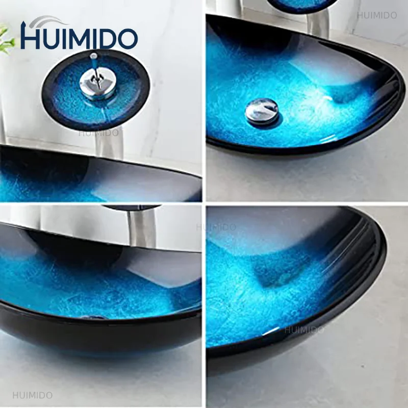 Tempered Glass Bathroom Vessel Sink with Waterfall Black Faucet Tap Bathroom Oval Blue Vessel Sinks Above Counter Basin