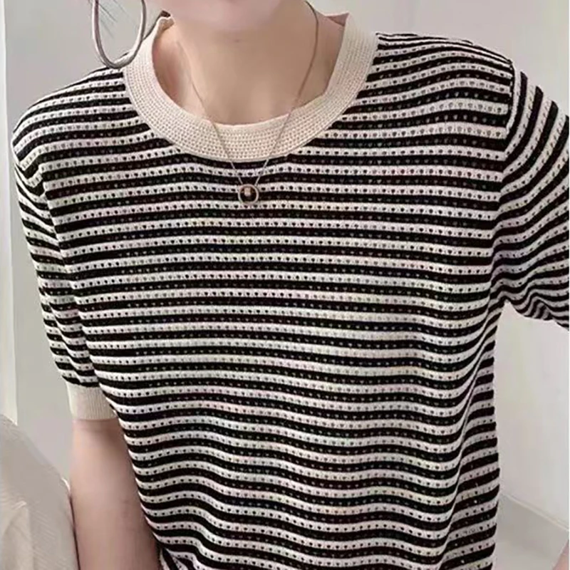 T Shirt For Women Knitted Hollow Out Thin Striped Tshirt Summer Tops Casual Round Neck Tee Shirt Femme T Shirts Womens Clothing