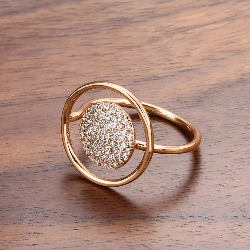 European Korean Style 585RG Ring for Women Simple Hollow Circle Full Diamond Fashion Jewelry Wholesale