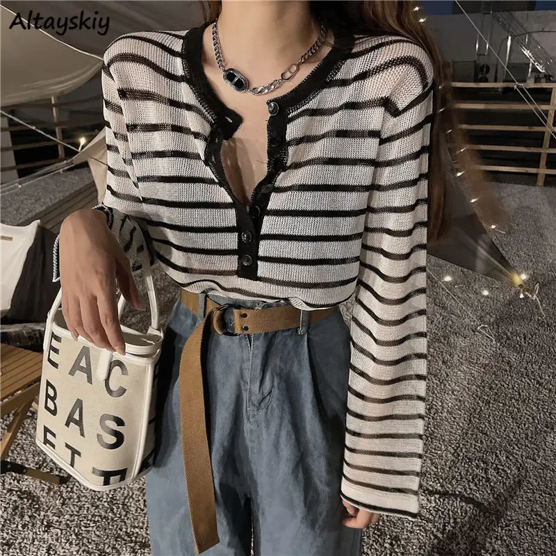 

Baggy Cropped Cardigans Women Leisure Streetwear Sun-proof Office Lady Striped Vintage Knitwear Korean Style Spring New Arrival