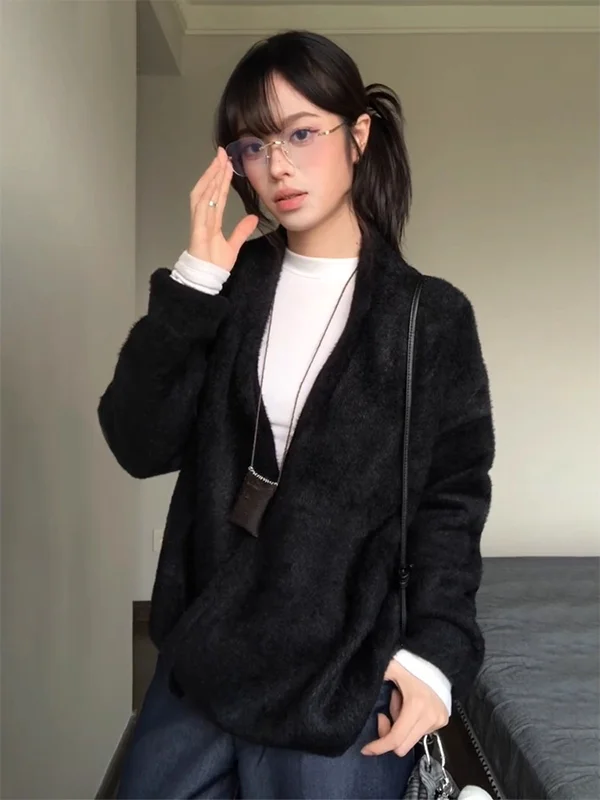 

Autumn Winter Loose Knitted Sweater Coat Fur Simulation Lazy Sle V-Ne Pullover for Men And Women Soft Comfortable