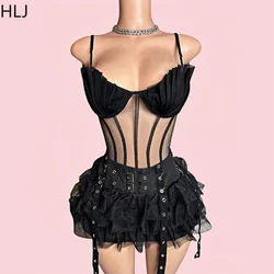 HLJ Black Y2K Punk Fashion Streetwear Women Mesh Ruched Corset Tank Top And Mini Stacked Skirts Two Piece Sets Female Outfits