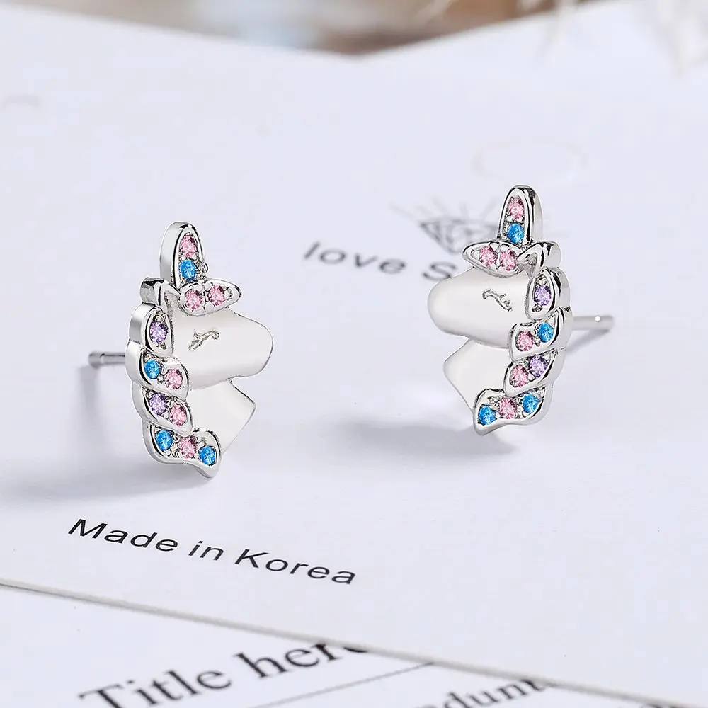 925 Sterling Silver Cute Unicorn Rainbow Stud Earrings For Women Girls Studants Friends Party Jewelry Gift Female Pendientes