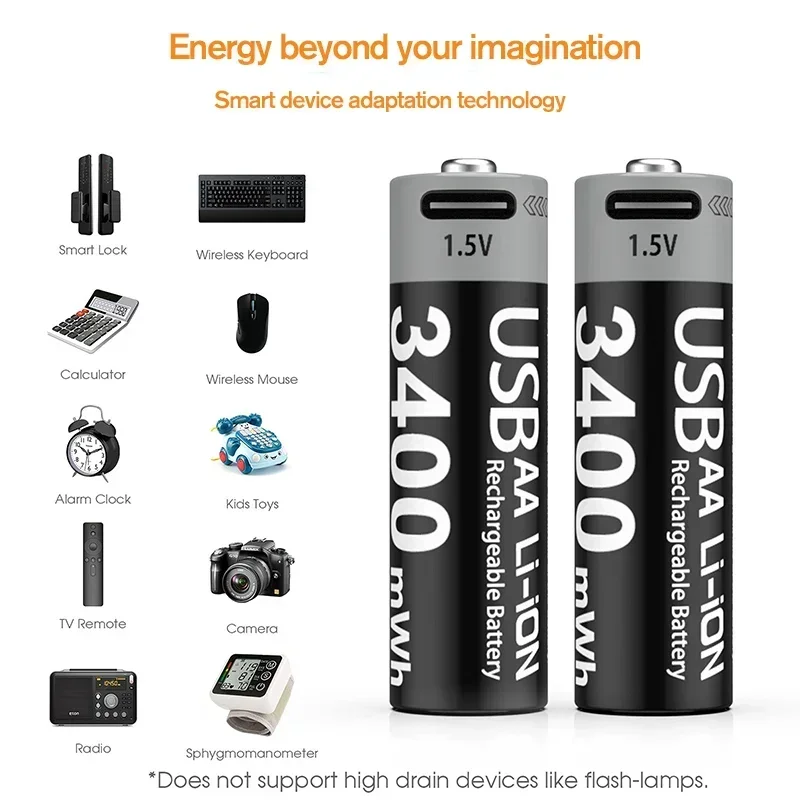 Rechargeable AA Battery 3400mAh USB Type-C Lithium Battery for Hunting Camera Remote Control Mouse Door Lock