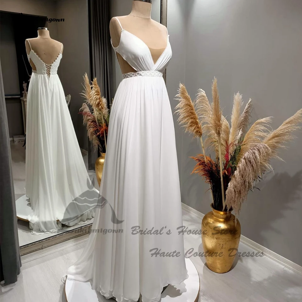 

Lakshmigown Simple A Line Chiffon Beach Wedding Dress Spaghetti Straps 2023 Vestidos Sexy Boho Bridal Gowns Corset Lace Up Back