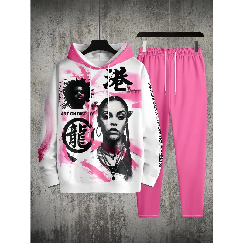 Модный спортивный китайский иероглиф с забавным лицом и 3D принтом, мужская толстовка с капюшоном на плечах, топ, брюки, комплект из двух предметов