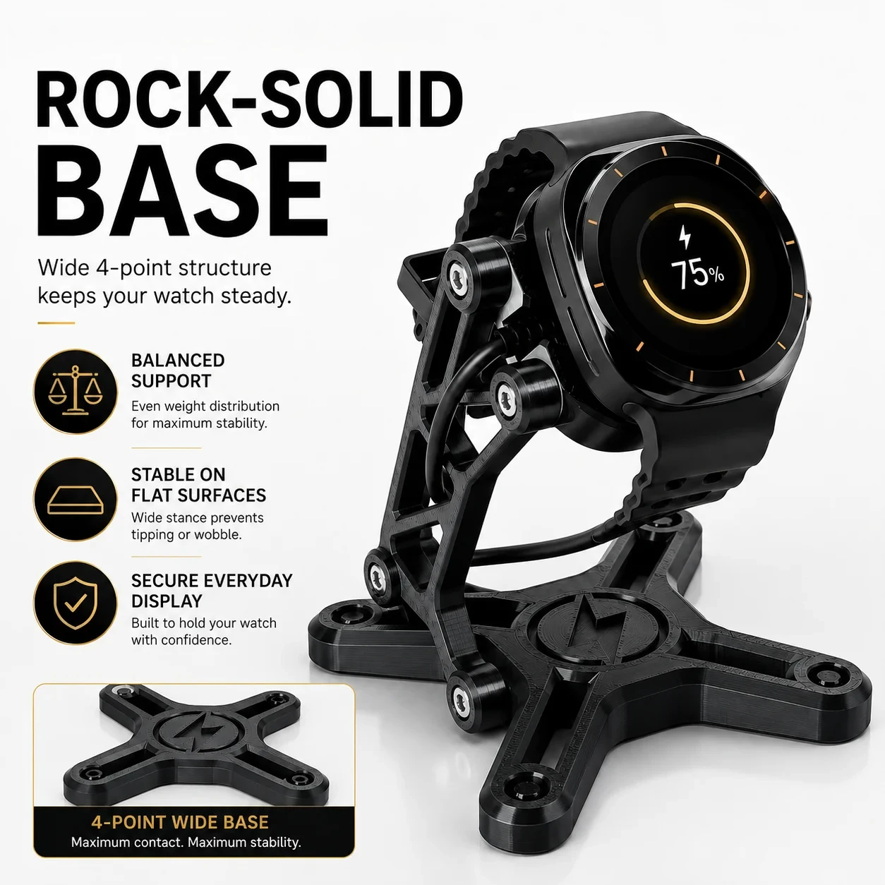 Premium Smart Watch Charging Stand – Stable 4-Point Base,Cable Management, Lightweight & Portable for Desk, Bedside & Travel