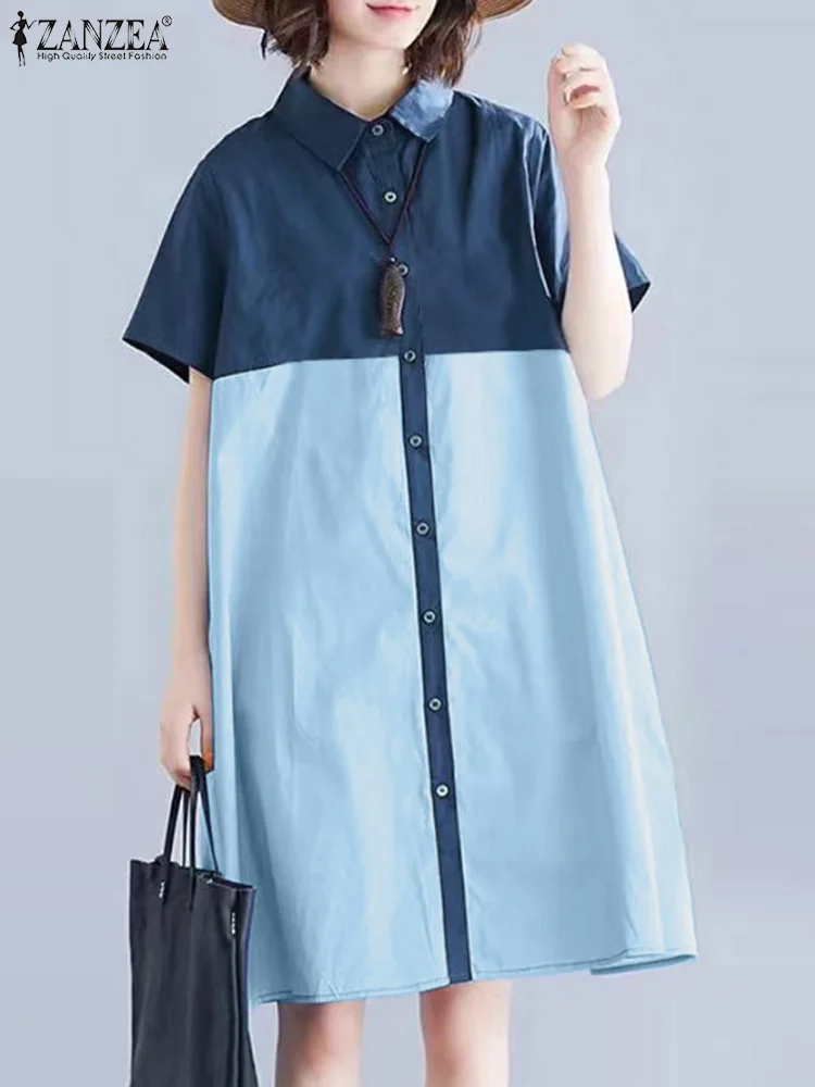 

Women Long Shirt Dress 2024 Summer ZANZEA Short Sleeve Knee-Length Sundress Bohemian Lapel Robes Casual Loose Colorblock Vestido