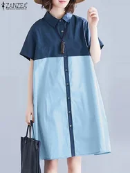 ZANZEA Women Long Shirt Dress 2024 Summer Short Sleeve Color Patchwork Knee-Length Sundress Bohemian Lapel Casual Loose Vestidos