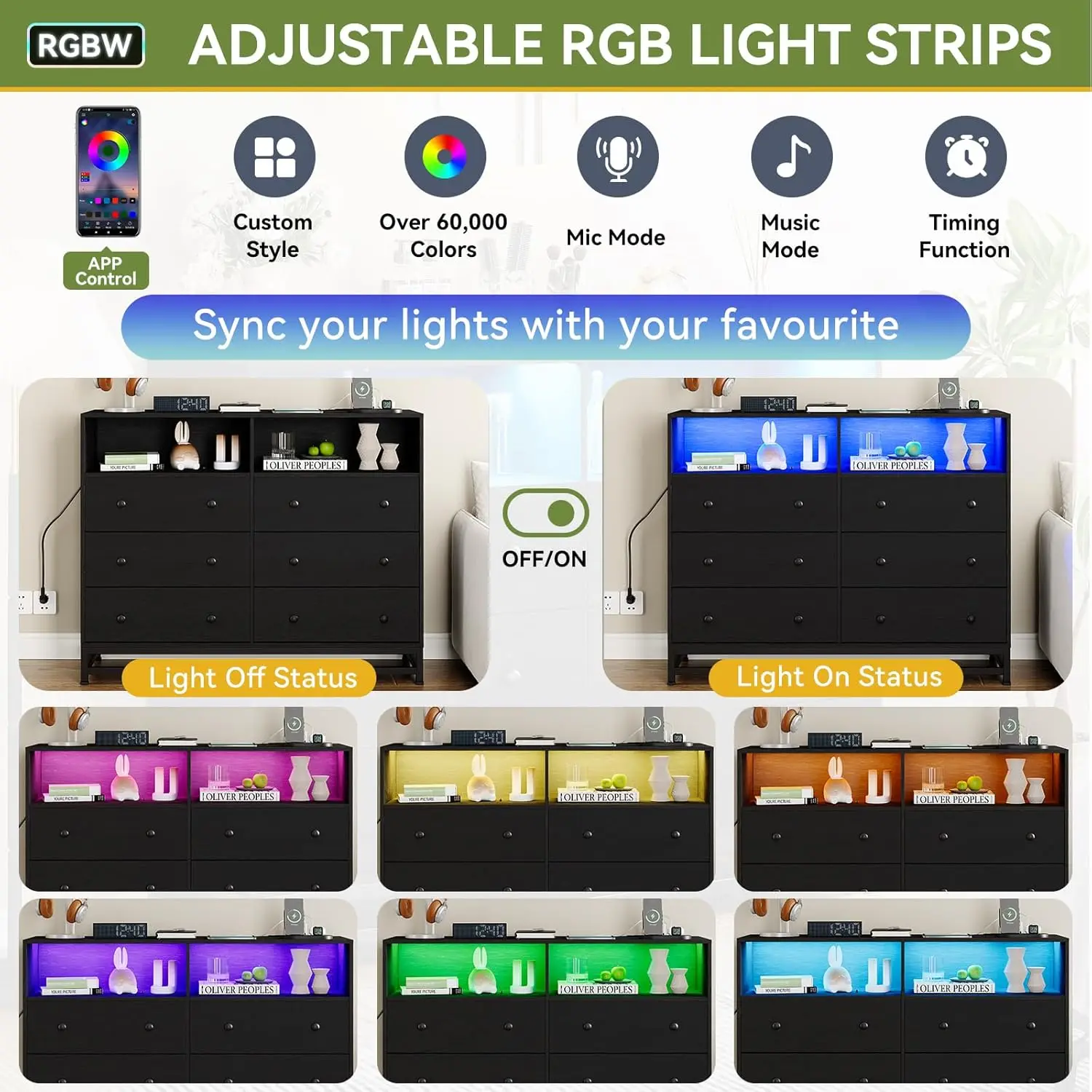 Cômoda de madeira com 6 gavetas para quarto, cômodas de madeira maciça com estação de carregamento e luzes LED, cômodas modernas de suporte de TV para TV de 50"