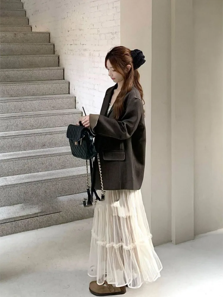 

Korean Sweet Sle Women's Suit Set Spring New f-length Skirt Two-piece Set Anti-aging Faionable Long Sve V-ne Coat