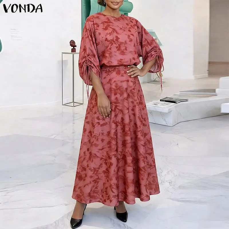 

Fashion Summer Spring Women Plus Size Sets VONDA Drawstring Sleeve Floral Print O Neck Tops Long Skirts Two-piece Outfits 2PCS