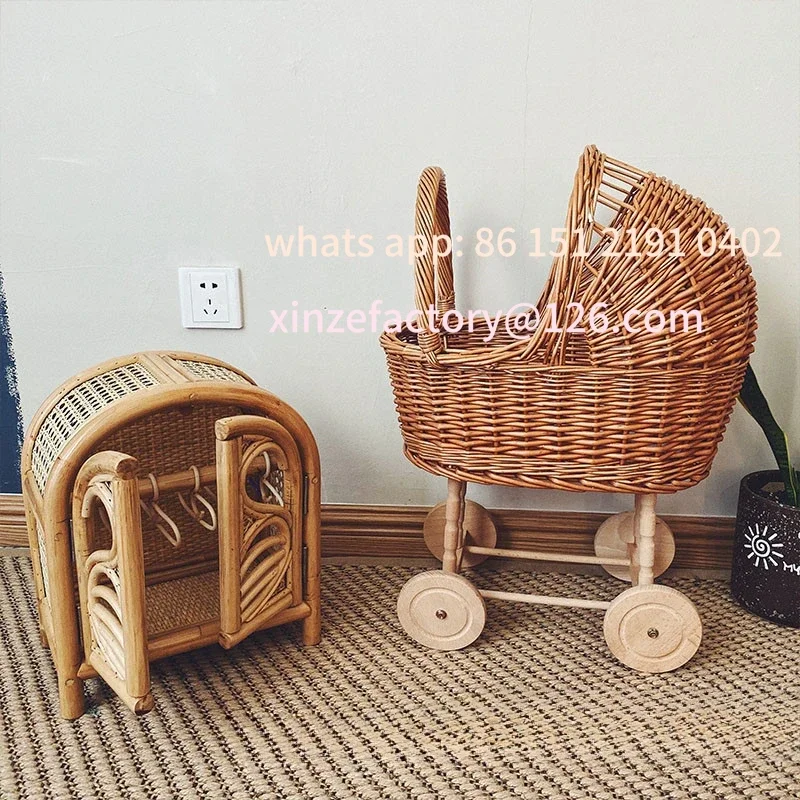 

Customizable Doll Stroller Woven Storage Basket for Nursery Room Decor Pretend Play Pushcart for Kids Photoshoot