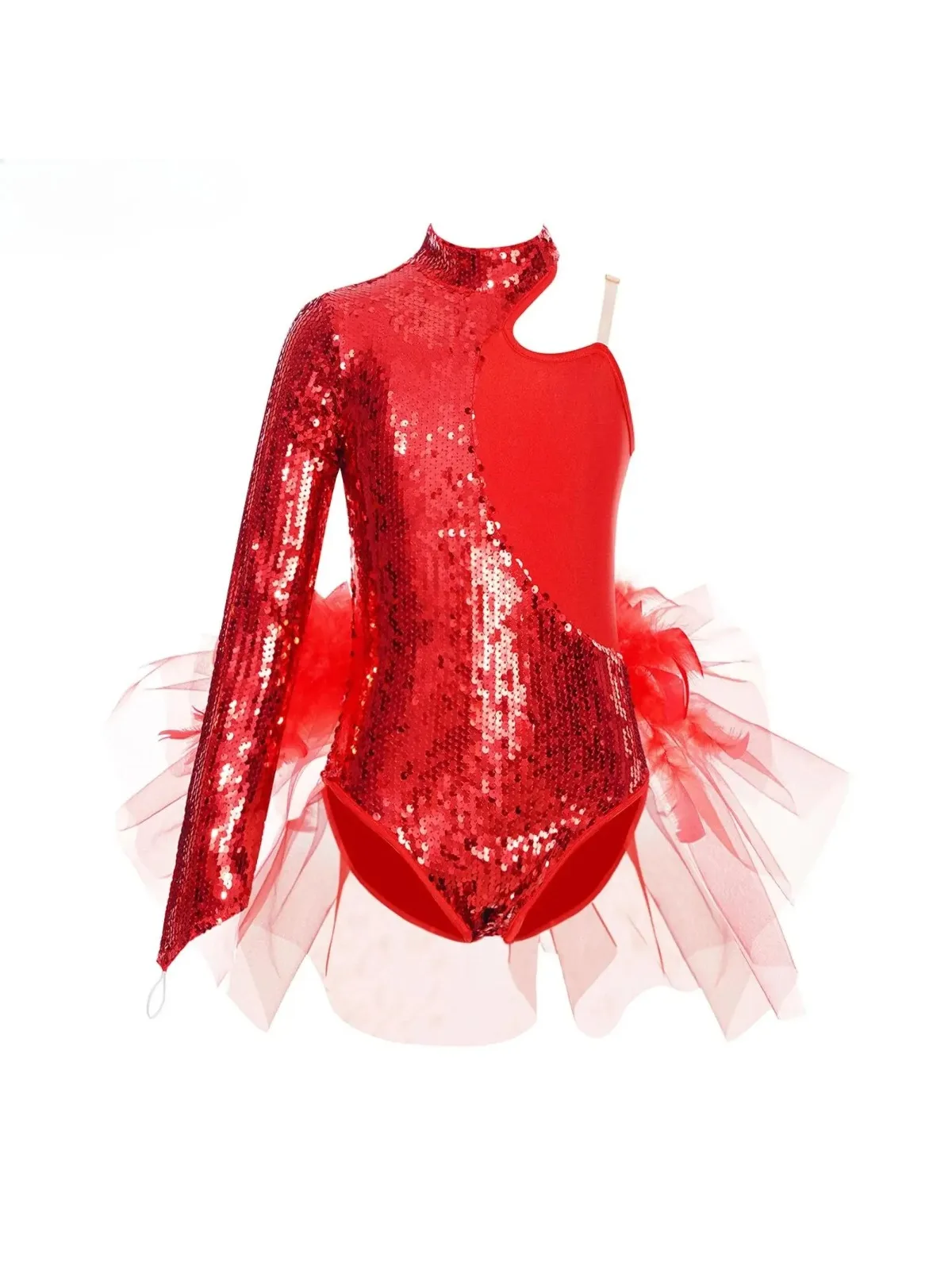 Ballett-Tanzanzug für Mädchen, Gymnastik-Performance-Kostüm mit Pailletten, Eiskunstlauf-Tutu mit Federn, Tanzbekleidung