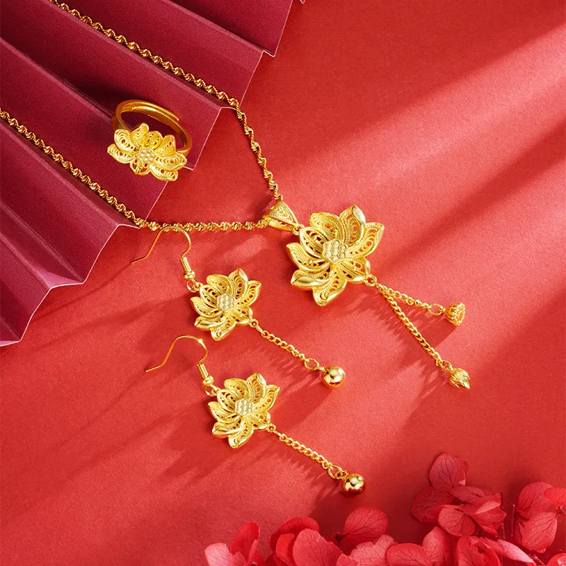 KISS&FLOWER Gold Vintage Lotus Necklace Ring Drop Earring For Women Wedding Party Birthday Christmas Bride Mother Lady Gift JS62