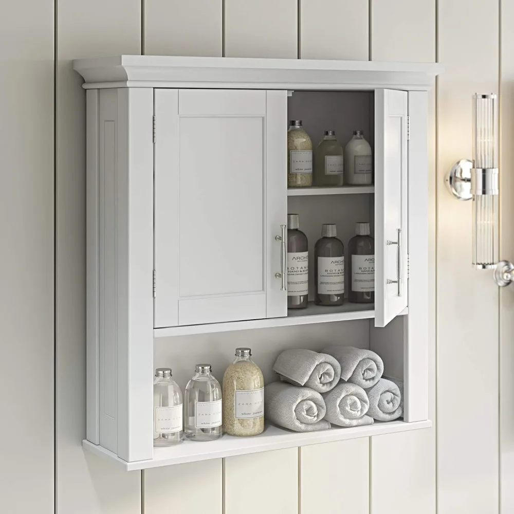 

Two-Door Bathroom and Laundry Wall Mount Storage Medicine Cabinet with Open and Adjustable Shelf, Bathroom Storage Cabinet