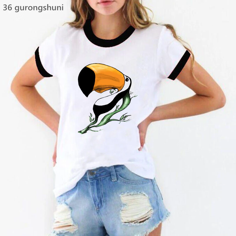 Watercolor Bird Portrait Print Tshirt Girls Cockatoo Toucan T Shirt Women'S Clothing Funny White T-Shirt Female Harajuku Shirt