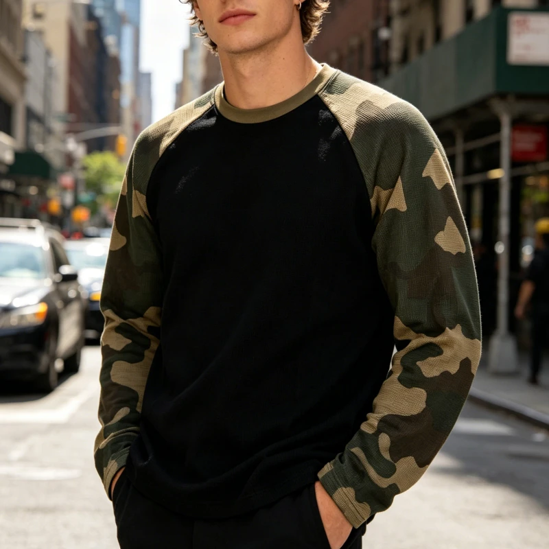 2026 New Camouflage Sleeve Black Waffle T-Shirt Men Hip Hop Streetwear Crew Neck Tops view 4