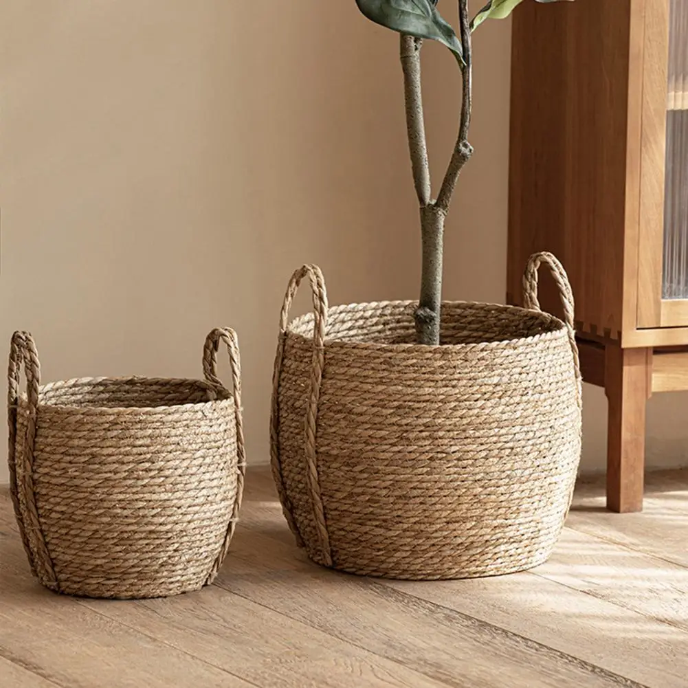 

Storage Basket Flower Basket Natural Straw Basket with Handle Handmade Woven Planter Laundry Basket for Strong Load-bearing