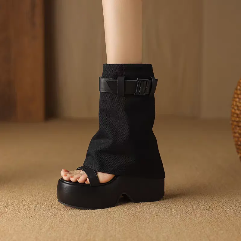 New Summer Leather Sloping High Heel Sponge Ankle Boots for Women Height-increasing Petite Thick-soled Roman Sandals