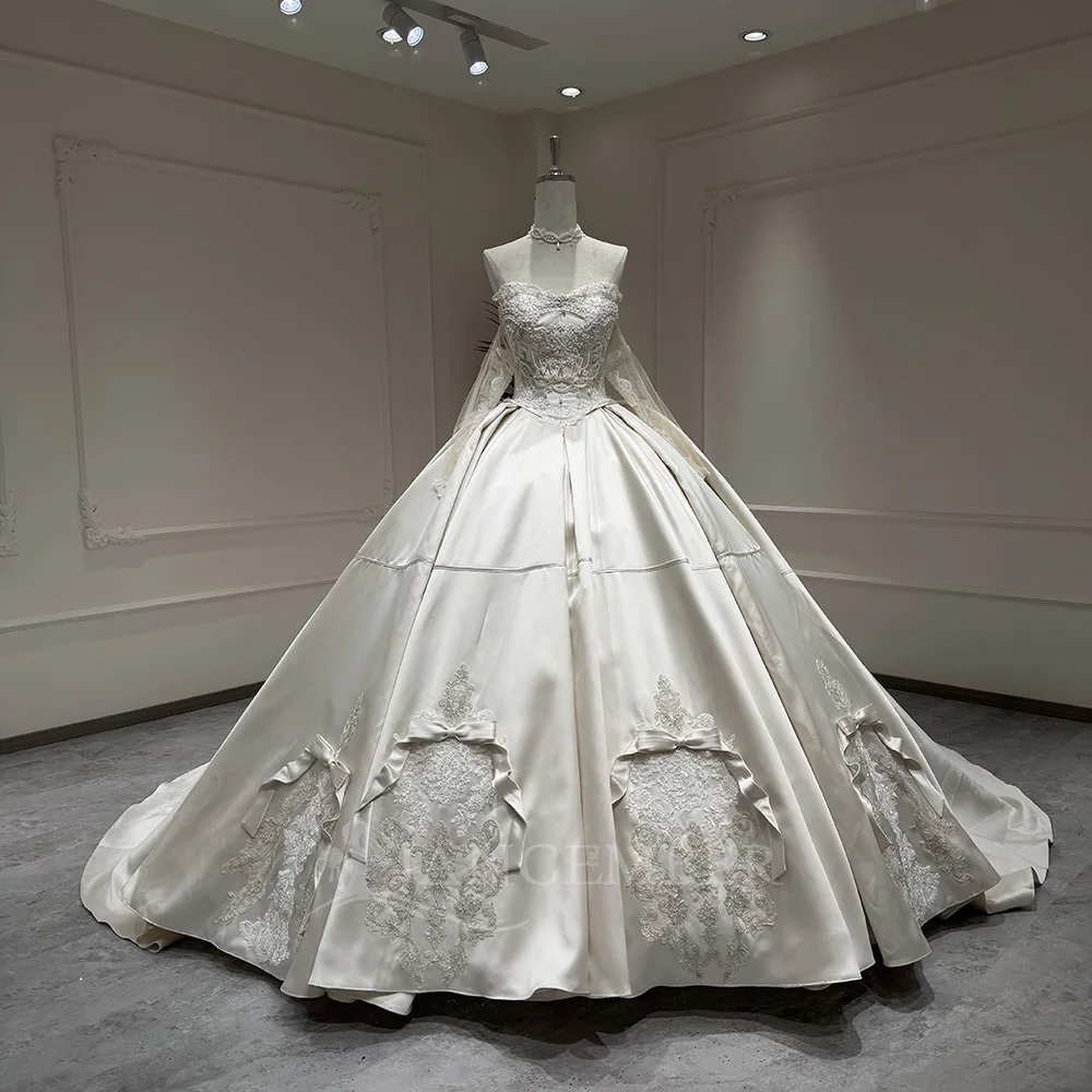 Customized Satin Ivory Long Sleeve Wedding Dresses Court Train Bridal Puffy Princess Ball Dresses vestidos de novia boda