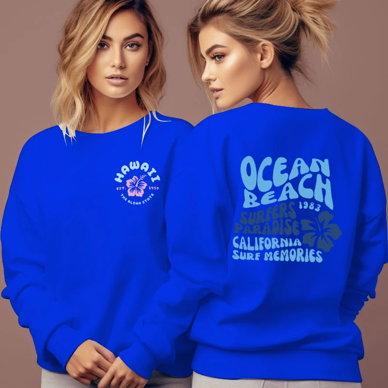 Ocean Beach Sweatshirts Y2K Fashion Streetwear Hoodie Beach Lover Gift Fall Sweatshirt Hibiscus Flower Design Cartoon Sweatshirt