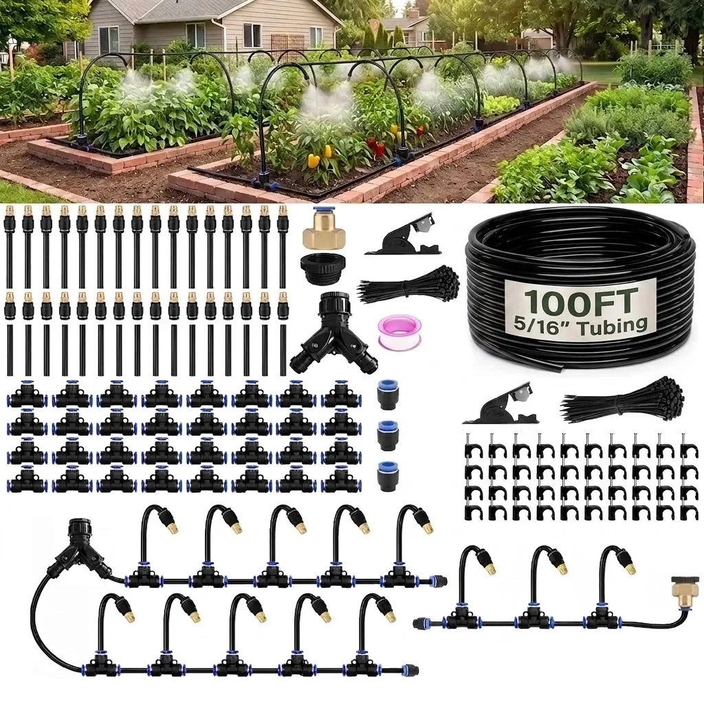 50 66 100FT 5 16 Inch Garden Hose Watering Kit Brass Nozzles Faucet Adapter Mist Drip Off Modes Flexible Tubing Outdoor Plants