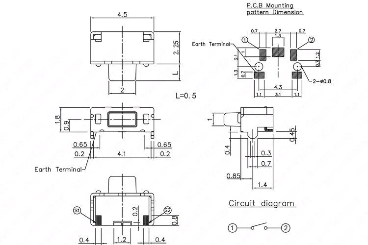 휴대폰 단추 사이드 푸시 마이크로 단추 라이트 터치 스위치, 순간 택트 스위치, SMD PCB 장착, 2X 4mm, 3X6X3.5mm, 50 개