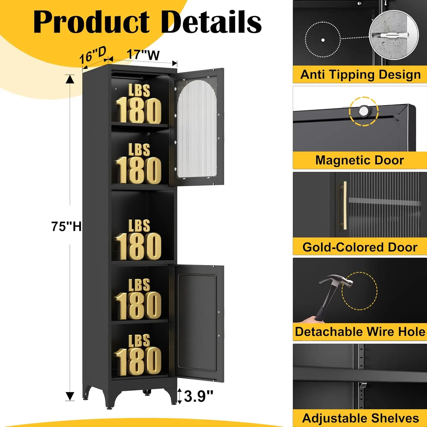 Mueble de baño estrecho negro de 75' con 2 puertas y estantes ajustables, almacenamiento de metal independiente para cocina, sala de estar, entrada