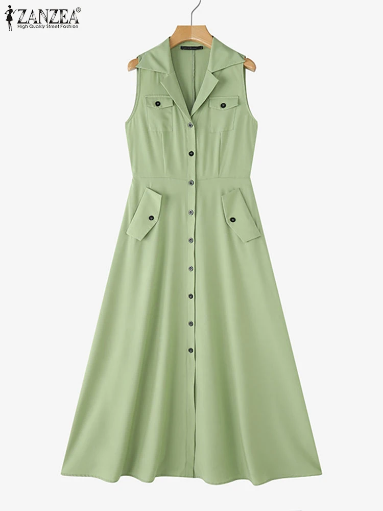 ZANZEA-Vestido largo de verano para mujer, vestido veraniego elegante para oficina, bata de fiesta sin mangas, moda informal 2021, Vestidos holgados con cuello entallado