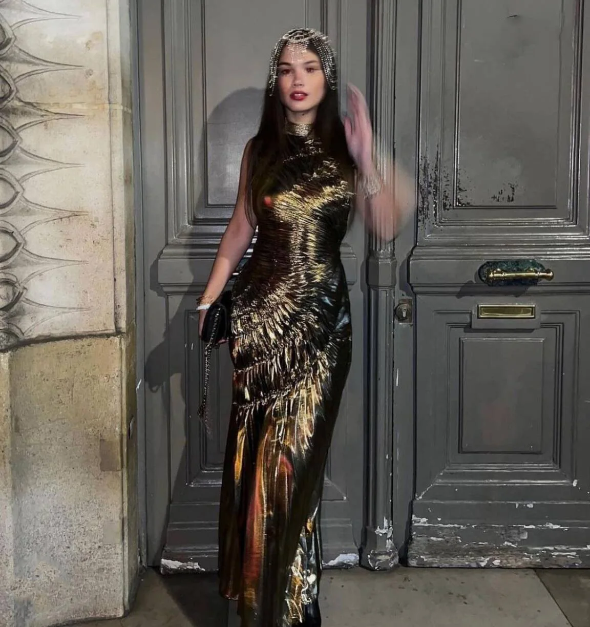 فاخر الذهب حفلة موسيقية مساء فستان طويل المرأة بلا أكمام س الرقبة مطوي Bodycon الجلباب كوكتيل المشاهير نمط فستان الكرة ثوب #3