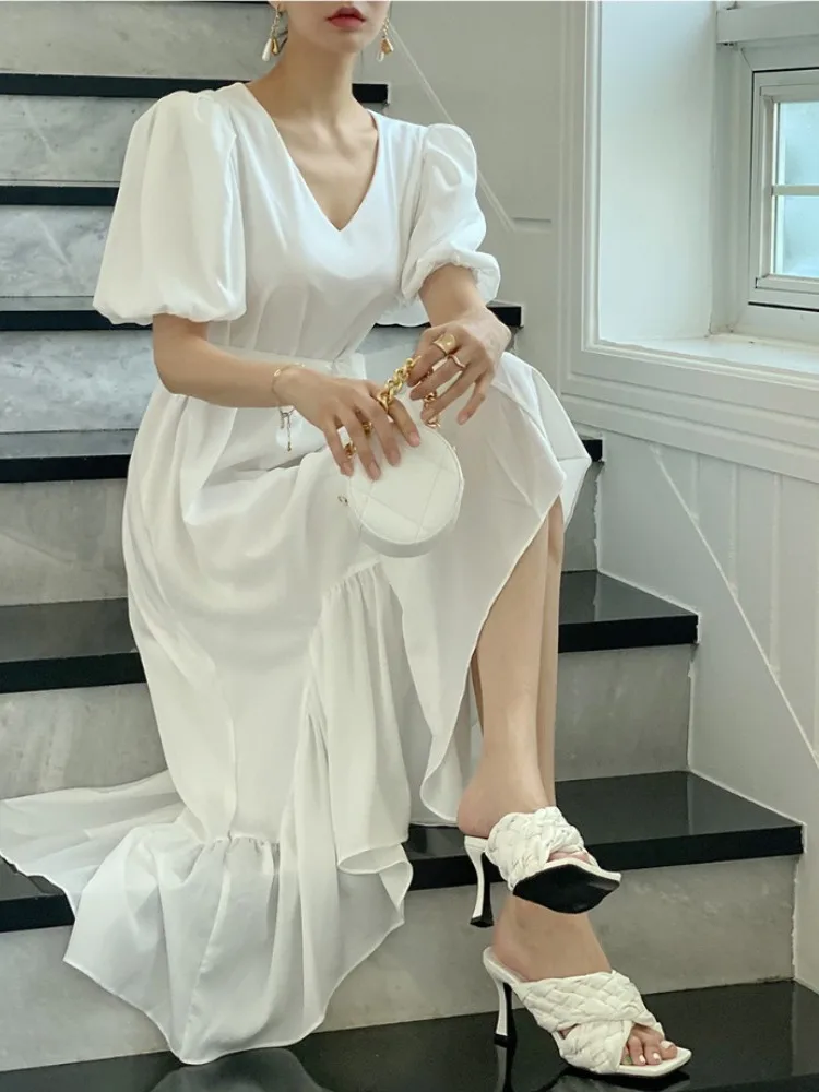 Gonna Ele V-ne in chiffon con orlo arricciato e cintura foderata interna asimmetrica lunga Dr per donna nella stagione estiva