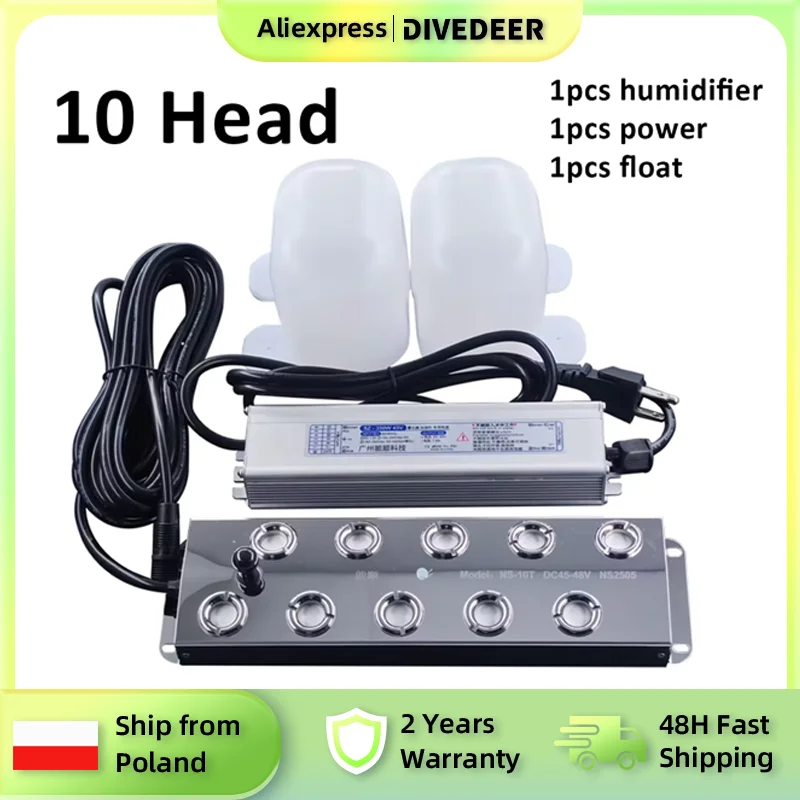 DIVEDEER Générateur de brouillard ultrasonique à 10 têtes en acier inoxydable, humidificateur d'air pour jardin, rocaille, piscine, 220V