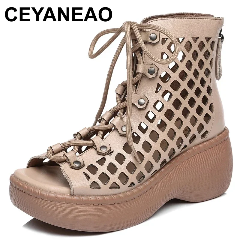 

CEYANEAO New Top Cowhide Hollow Fish Mouth Summer Women Sandals Platform Heighten Sandals Wedges Cool Boots Genuine Leather Sand