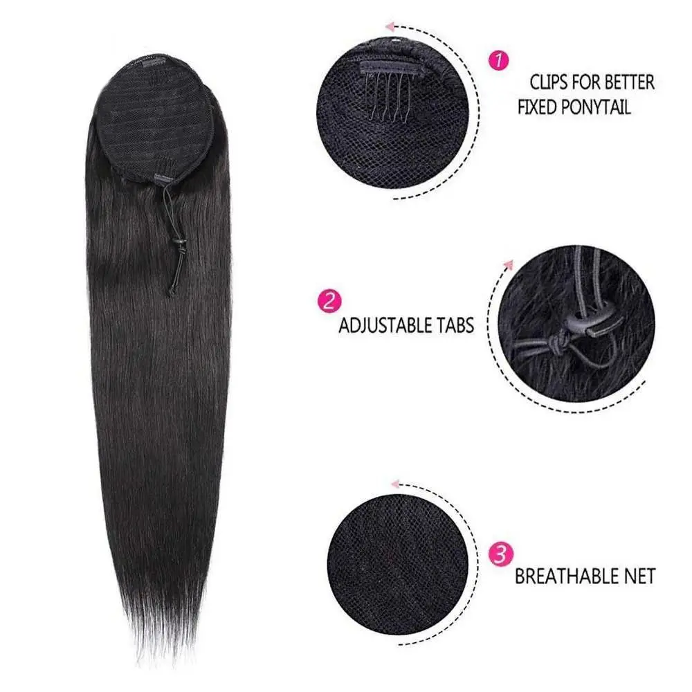 Clip di estensione della coda di cavallo con coulisse dritta da 8-26 pollici di colore naturale nelle estensioni dei capelli della coda di cavallo per le donne